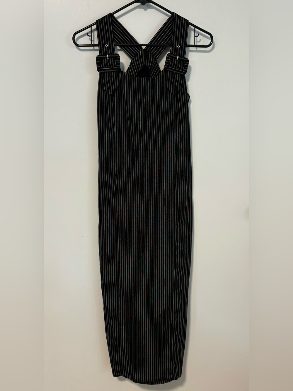 Black Pinstripe Maxi Dress with Buckle Strap Detail